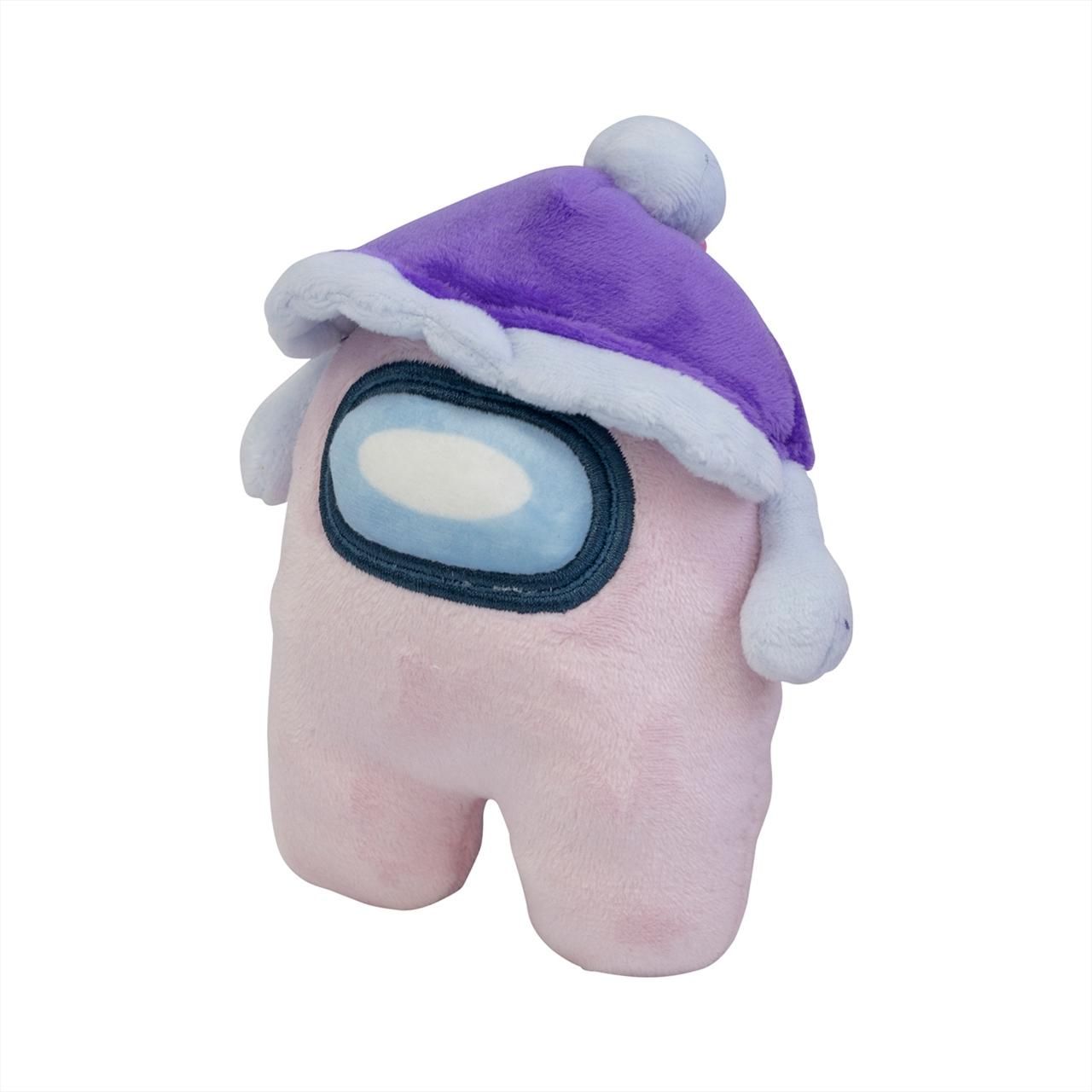 Among Us plüss akasztóval, 13 cm - rózsaszín, lila sapka