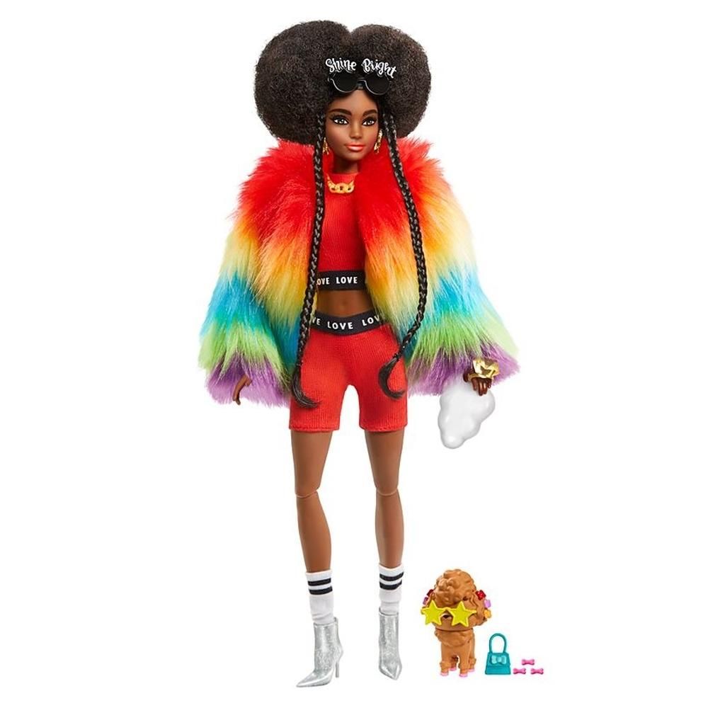 Barbie Extravagáns baba - szivárványos szőrmekabátban, uszkár kedvenccel