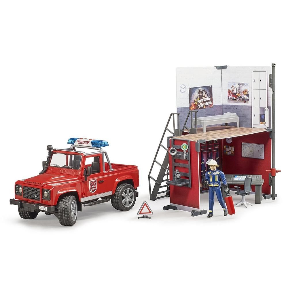 Bruder Bworld tűzoltóállomás Land Rover Defender Tűzoltóautóval