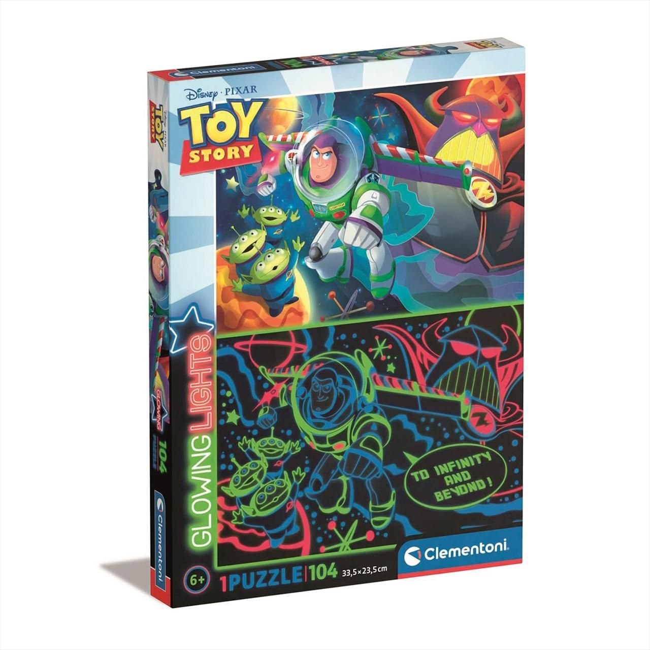 Clementoni Puzzle 104 db Glowing Lights - Disney Toy Story, sötétben világító puzzle