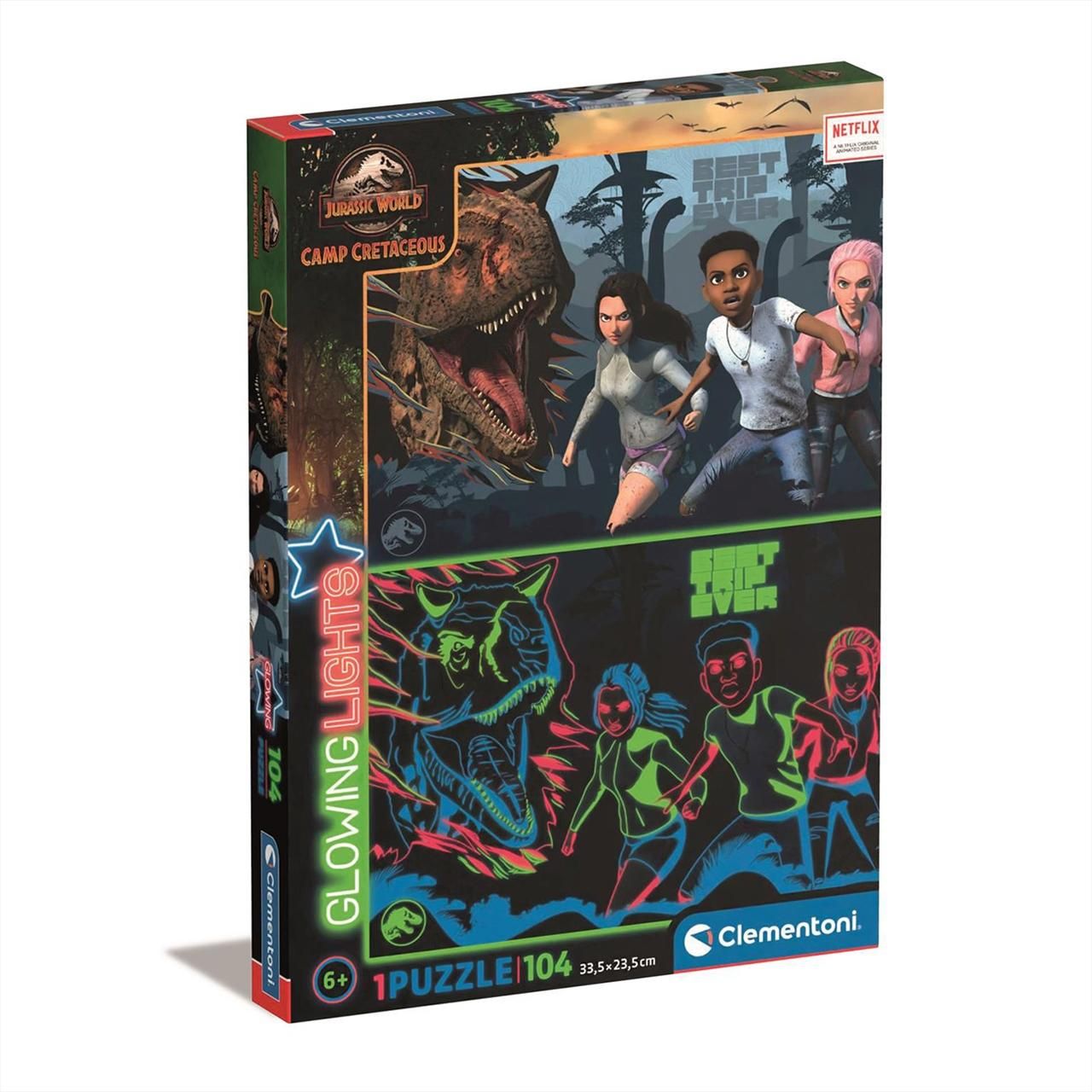 Clementoni Puzzle 104 db Glowing Lights - Jurassic World krétakori tábor, sötétben világító puzzle