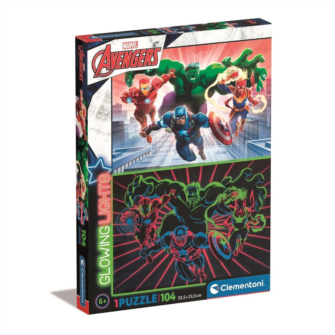 Clementoni Puzzle 104 db Glowing Lights - Marvel Avengers, sötétben világító puzzle