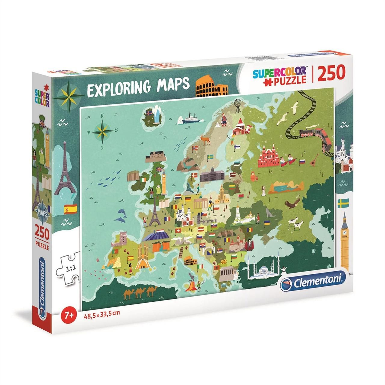 Clementoni Puzzle 250 db Exploring Maps - Európa térkép zászlókkal és nevezetességekkel