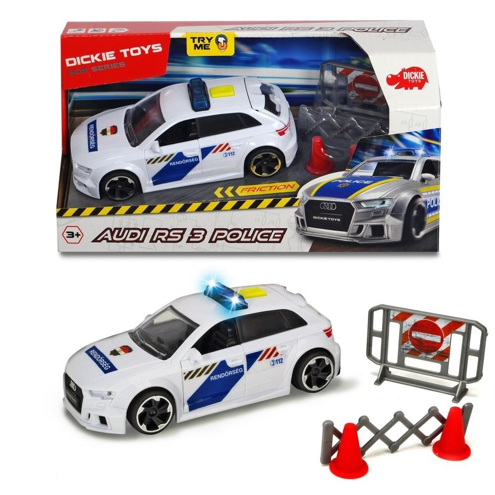 Dickie Audi RS3 rendőrautő útelzáró felszereléssel, hanggal és fénnyel 15 cm