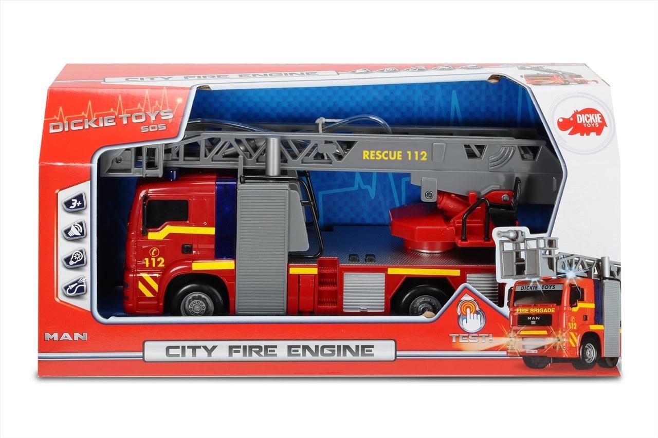 Dickie City létrás tűzoltóautó fecskendővel, hanggal és fénnyel 31 cm