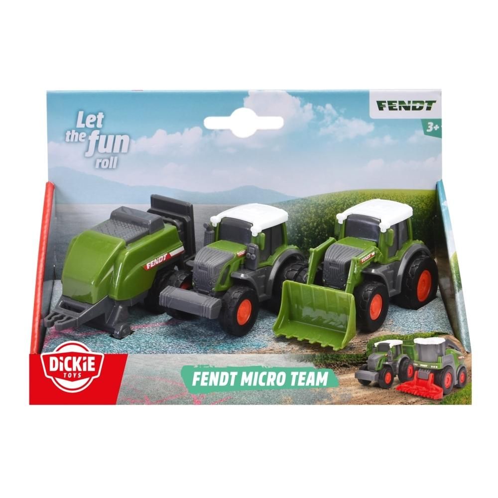 Dickie Fendt Micro Team 3 db-os szett 9 cm - traktor bálázóval és homlokrakodó