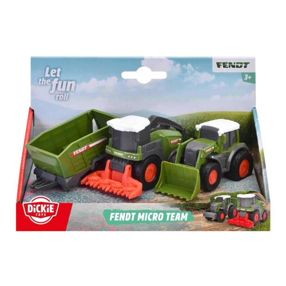 Dickie Fendt Micro Team 3 db-os szett 9 cm - traktor pótkocsival és szecskázó