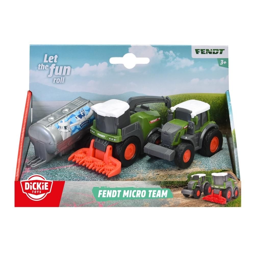 Dickie Fendt Micro Team 3 db-os szett 9 cm - traktor tartálykocsival és szecskázó