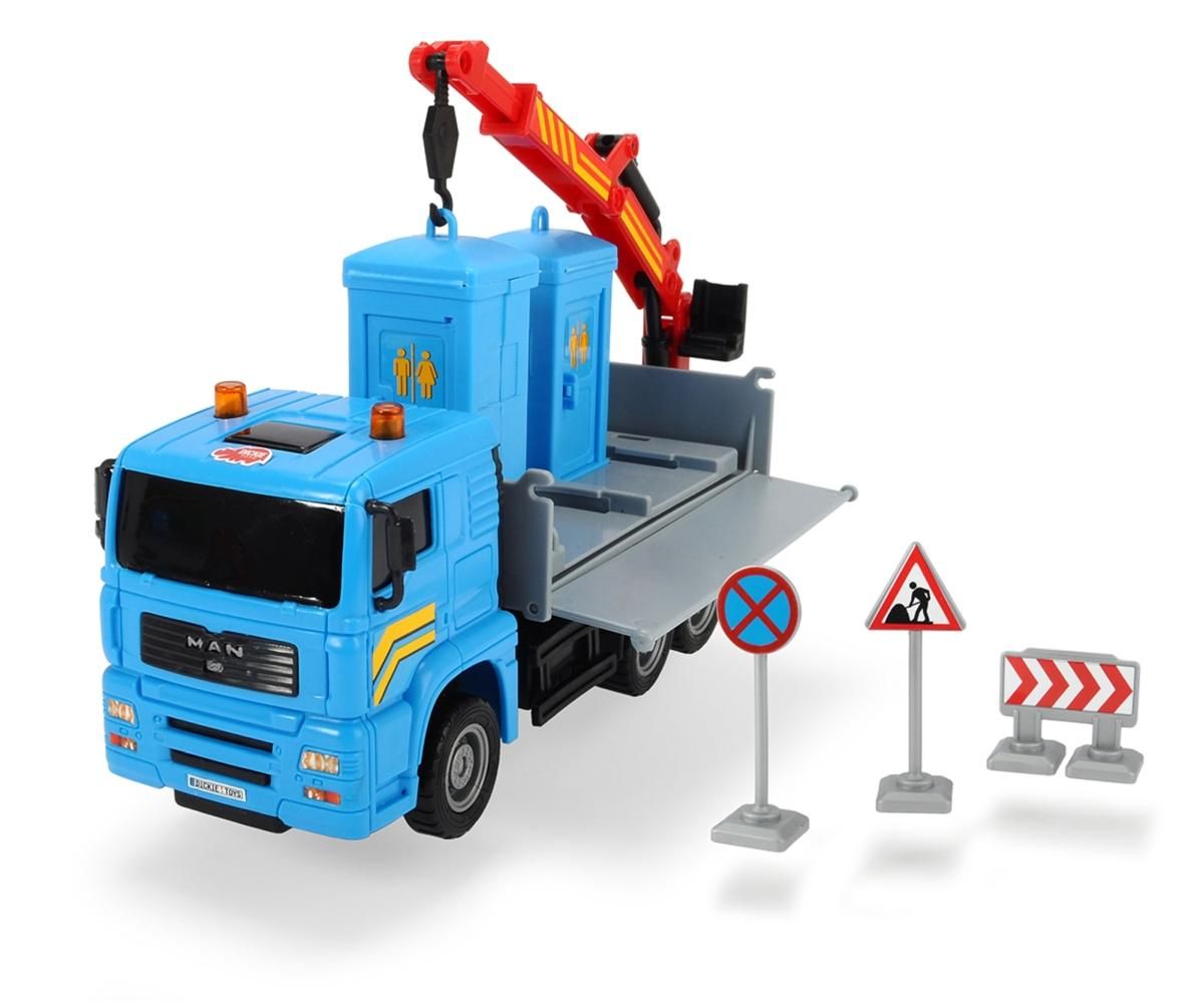 Dickie Heavy City Truck teherautó szállítmánnyal 25 cm, mobil WC