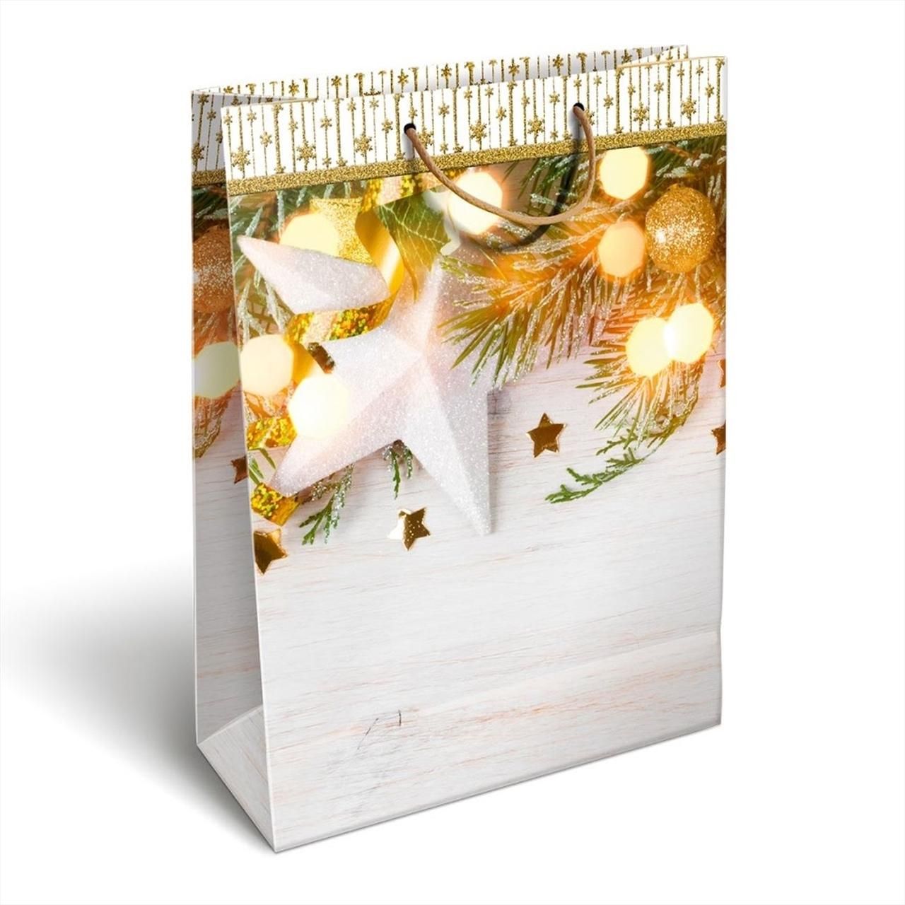 Dísztasak karácsonyi - Fehér csillag mintával 32 x 24 x 10 cm