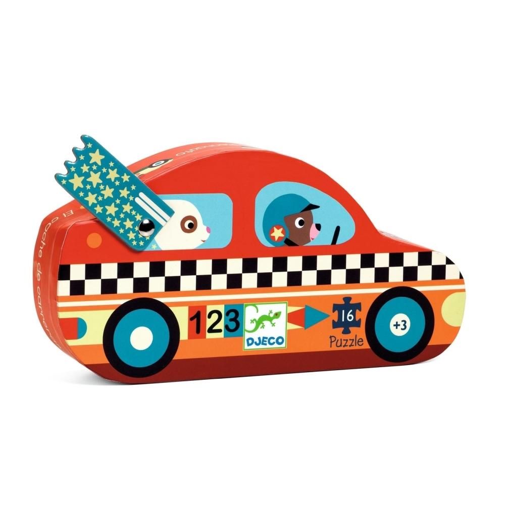 Djeco The racing car - Versenyautó formadobozos puzzle, 16 db-os