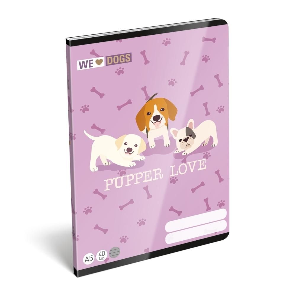 Füzet tűzött A5, 40 lapos, vonalas - Pupper Love