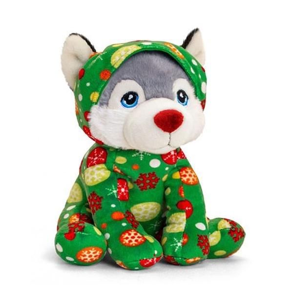 Husky kutya karácsonyi plüss 20 cm - zöld mintás ruhában