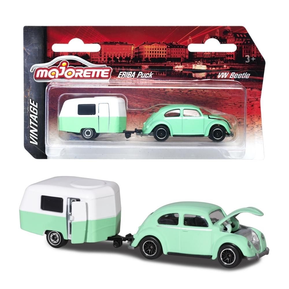 Majorette Vintage autó utánfutóval, VW Beetle Eriba Puck, zöld