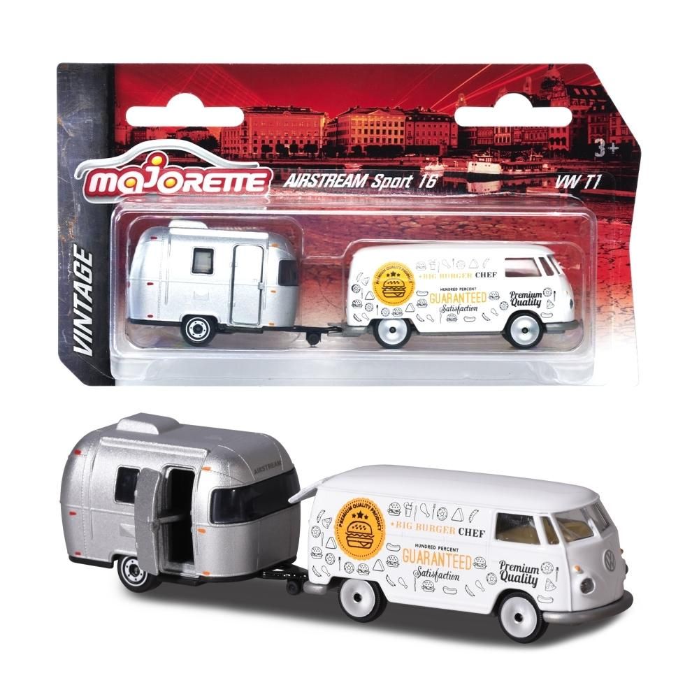 Majorette Vintage autó utánfutóval, VW T1 Food Truck Camper Trailer, fehér