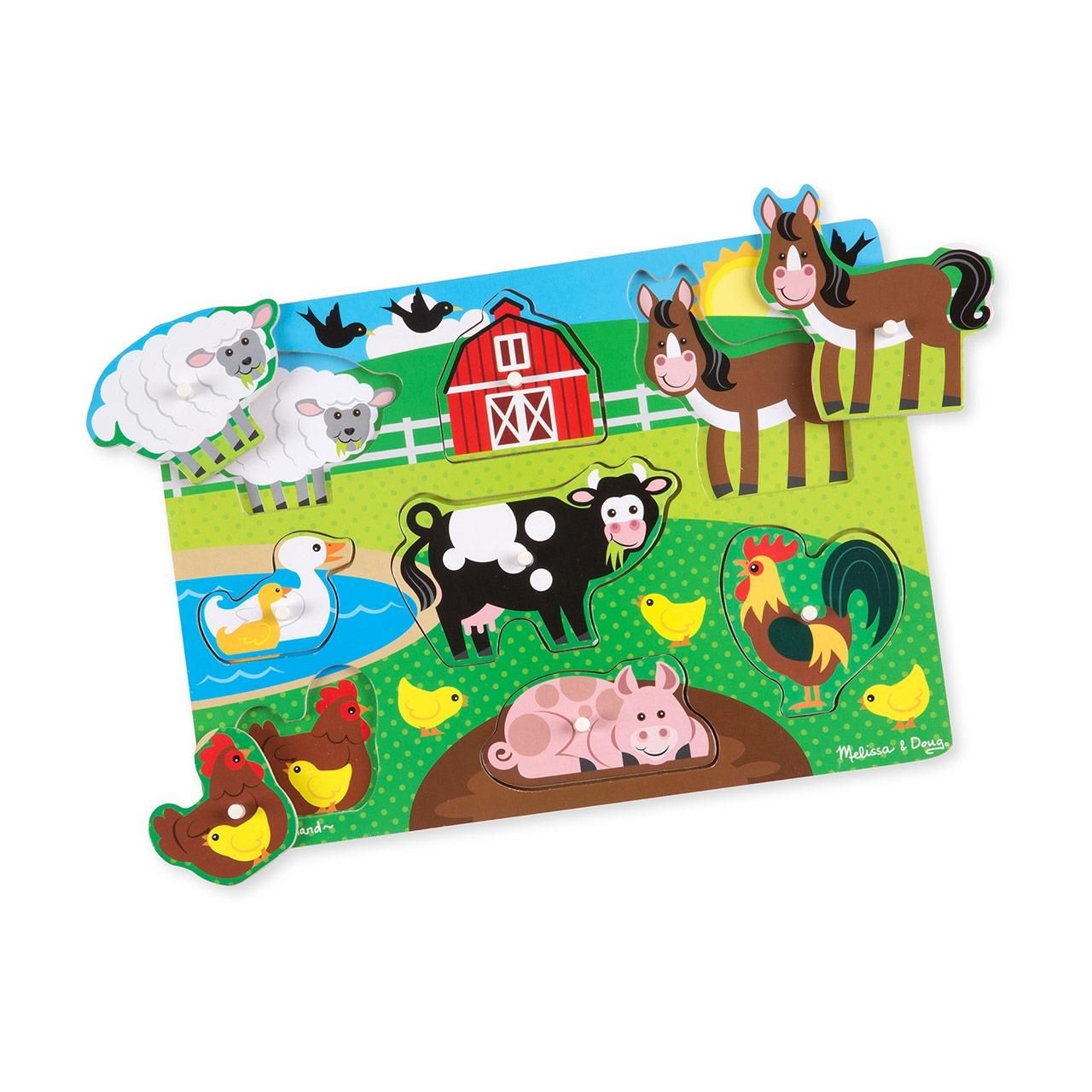 Melissa & Doug Fa készségfejlesztő játék, puzzle fogantyúval, a farm állatai