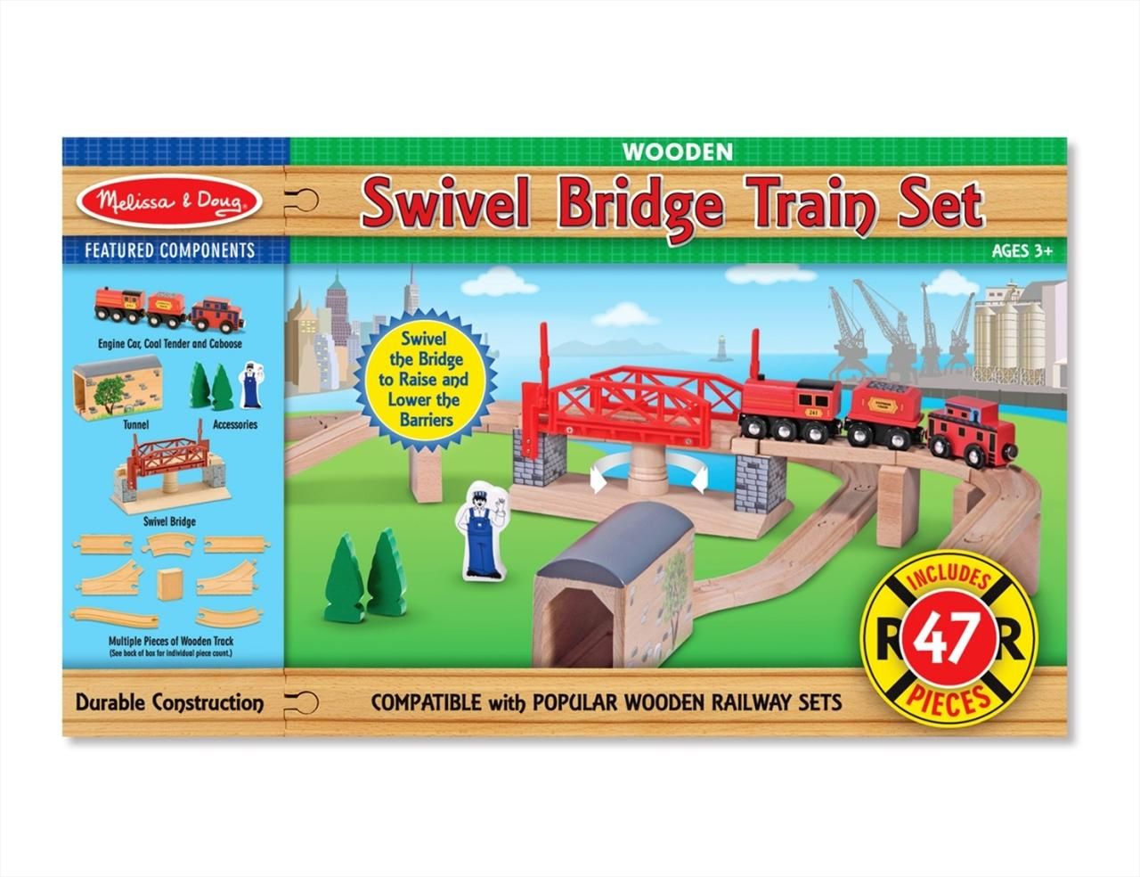 Melissa & Doug Fa vonatok és sínek, Vonat és sínek és kiegészítők, 47 db-os szett