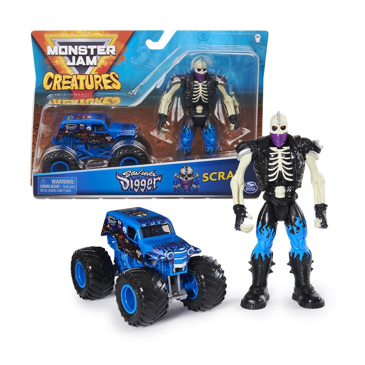 Monster Jam Creatures 1:64 kisautó figurával - Son-uva Digger & Scrap