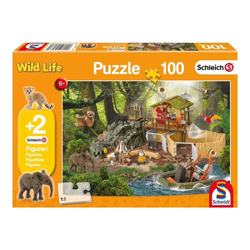 Schmidt Puzzle 100 db - CROCO dzsungelkutató bázis + 2 db Schleich figura