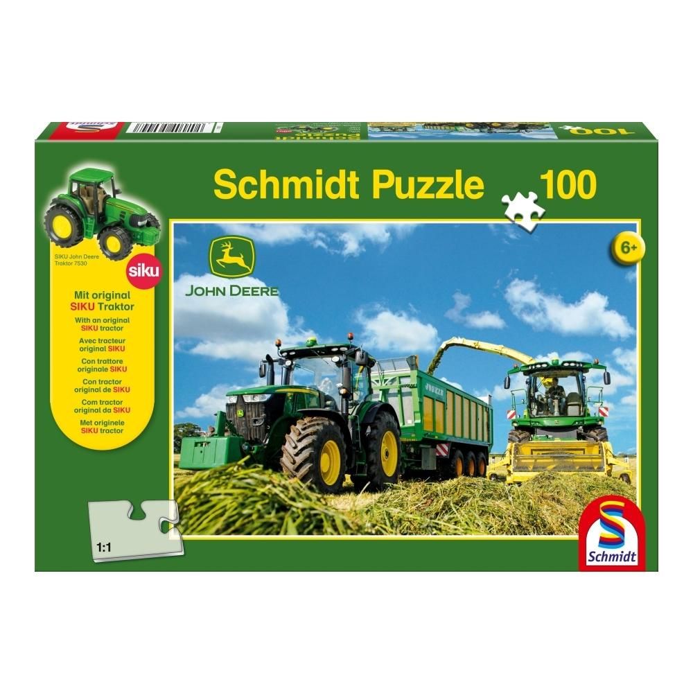 Schmidt Puzzle 100 db - John Deere 7310R traktor, 8600i önjáró szecskázó + SIKU 7530 traktor modell