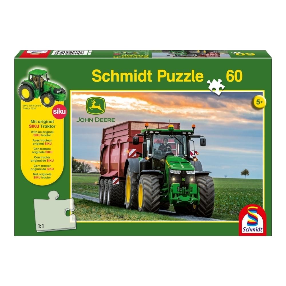 Schmidt Puzzle 60 db - John Deere 8370R traktor pótkocsival + SIKU 7530 traktor modell
