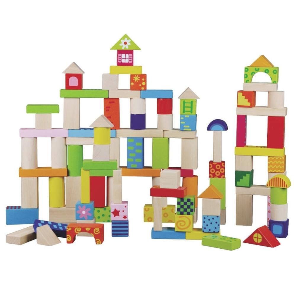 Színes-natur fa építőkocka készlet 100 db-os