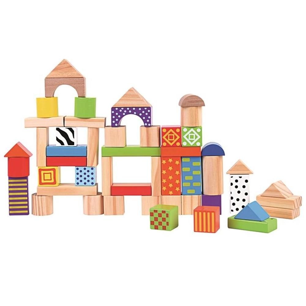 Színes-natur fa építőkocka készlet 50 db-os