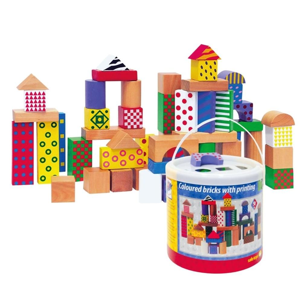 Woody Színes fa építőkocka mintákkal 50 db-os